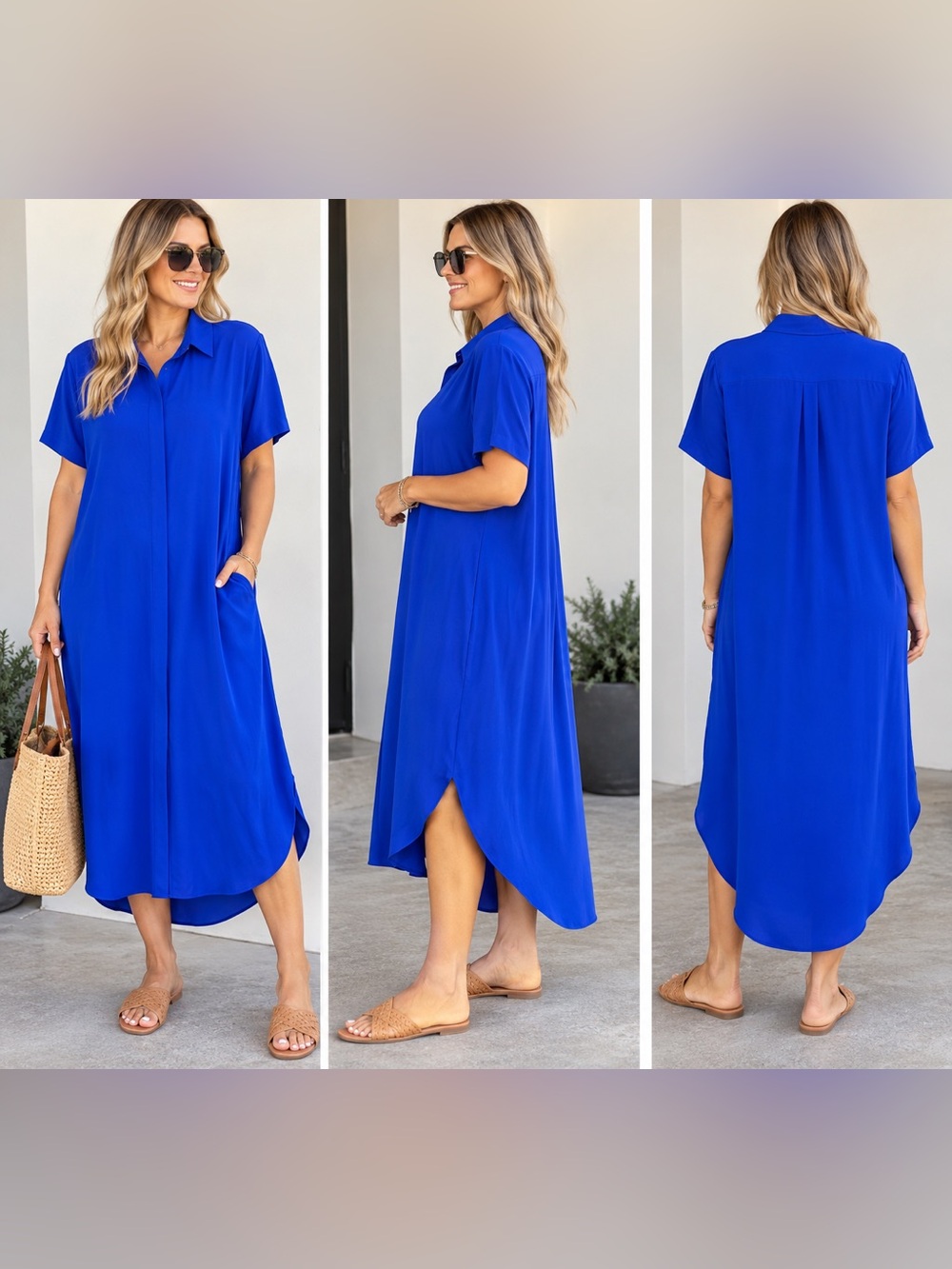 Eileen Fisher XL 100% Silk Cobalt Blue Shirt Dress Midi Button Front Hi Low